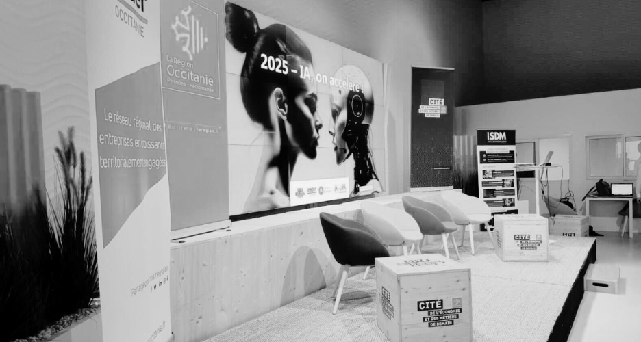 Image illustrant une scène avec une grande photo d'une femme face à un robot. Photo prise à la CEMD de Montpellier.