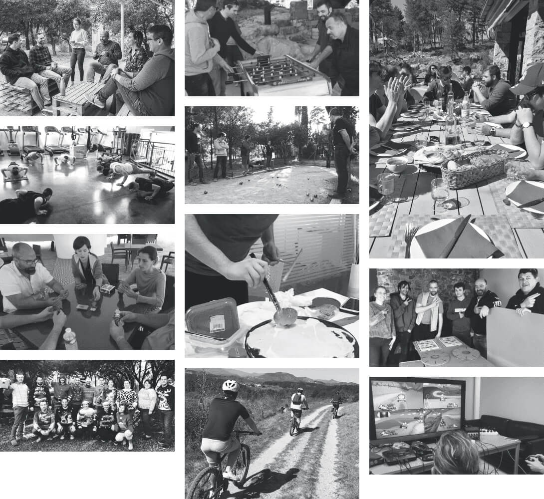 Mosaïque de photos de moments partagés entre collaborateurs : pause en terrasse, séance de sport, parties de cartes et de baby-foot, pétanque, crêpes, repas en plein air, VTT, photo de groupe et jeux vidéo